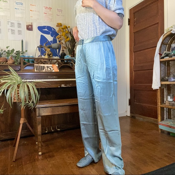 vintage silk baby blue pastel high waist trousers with pockets waist 32 x 32 - Picture 3 of 16